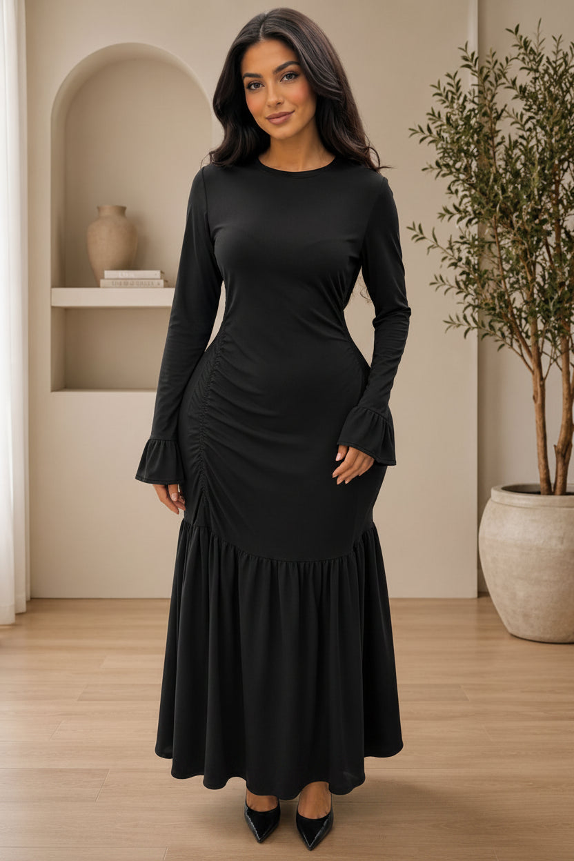 Solid Color Round Neck Fishtail Hem Long-Sleeve Maxi Dress