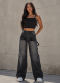 High Waist Washed Black Wide Leg Baggy Jeans