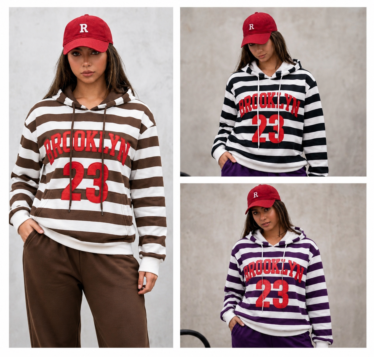 "Brooklyn 23" Varsity Numeric Striped Long Sleeve Hoodie Sweatshirt