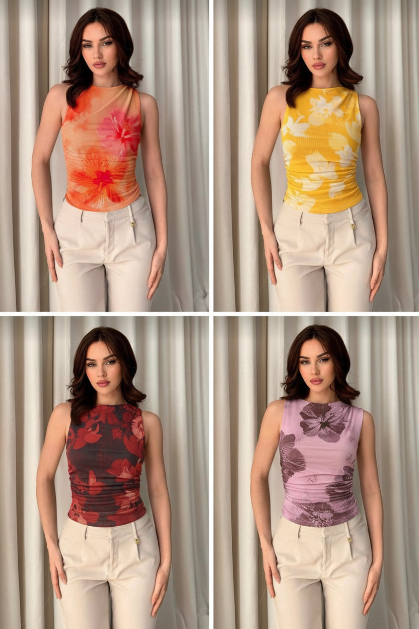Elegant Floral Print Mesh Tank Top