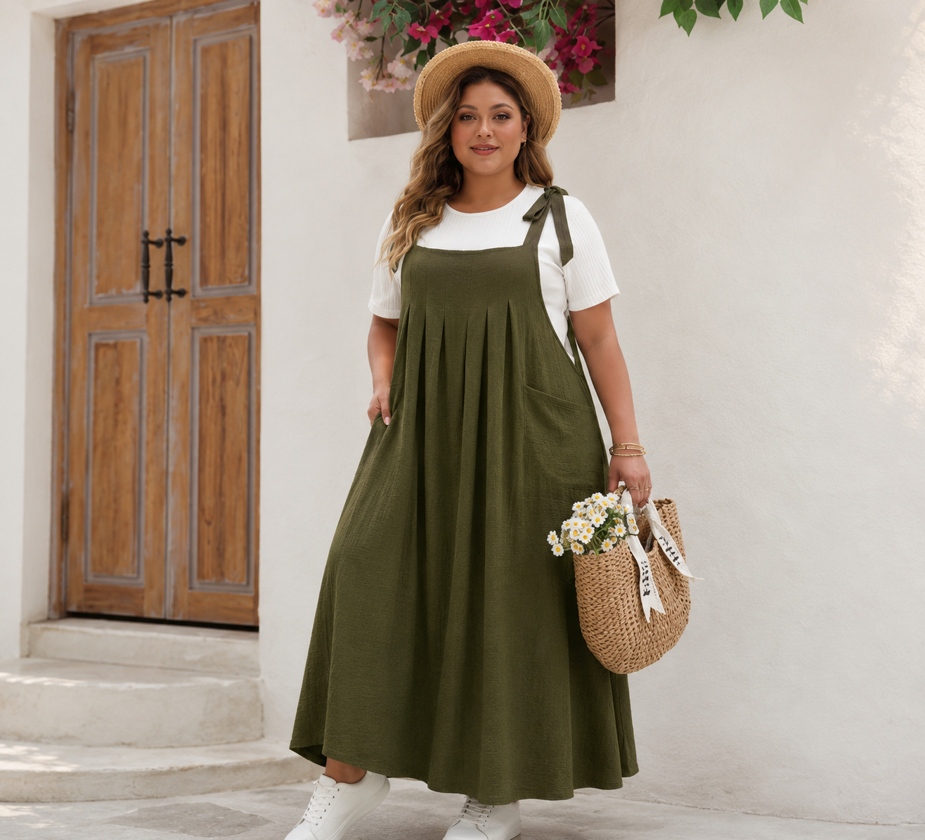 Plus-Size Pleated Pinafore Overall Maxi Dress