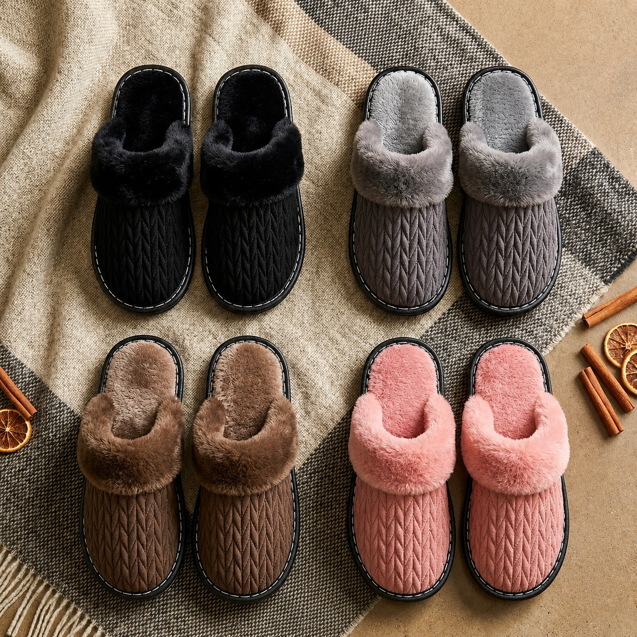 Faux Fur Soft Herringbone Winter Slippers