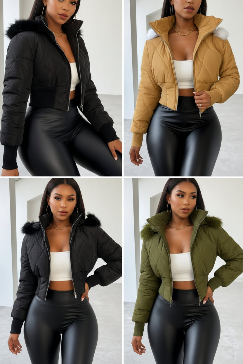 Cropped Diamond-Quilted Puffer Jacket With A Faux-Fur Trim Hood