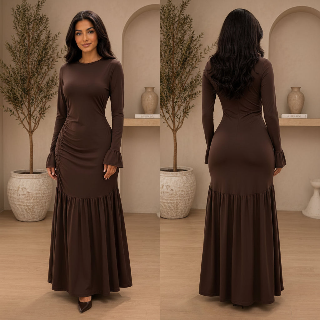 Solid Color Round Neck Fishtail Hem Long-Sleeve Maxi Dress
